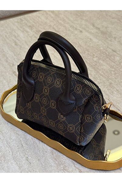 Gamze Ege Fashion Kadın Kahverengi Monogram Desenli Mini El & Omuz Çantası