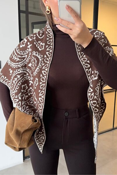 stravis Brown Ethnic Patterned Triangle Shoulder Shawl