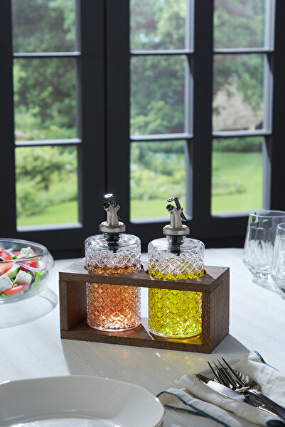 hapeed Tokyo Model Glass Oil and Vinegar Bottle Set with Wooden Stand, Set of 2