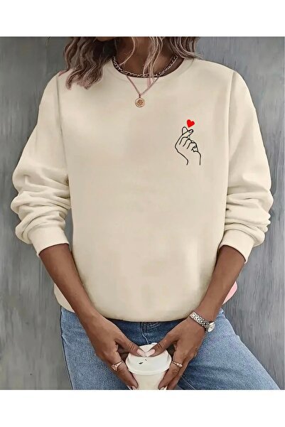 FUFLUNS Hand and Heart Printed Oversized Unisex Women/Men Crop Neck Sweatshirt