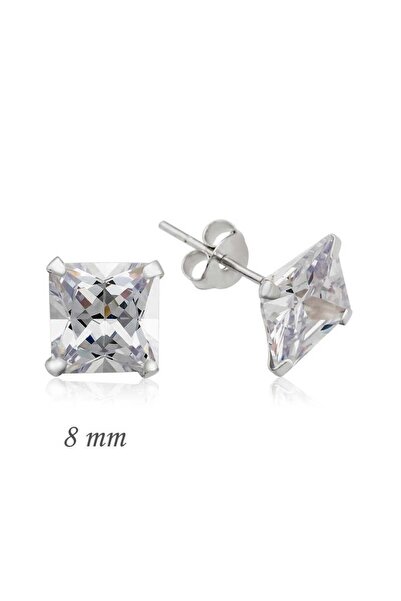 Gumush Gümüş Kare Tek Taş Zirkon Küpe - 8 mm
