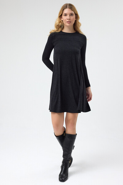 Laranor Anthracite Silk Wool Viscose Crew Neck Long Sleeve Rhat Cut Dress Day...