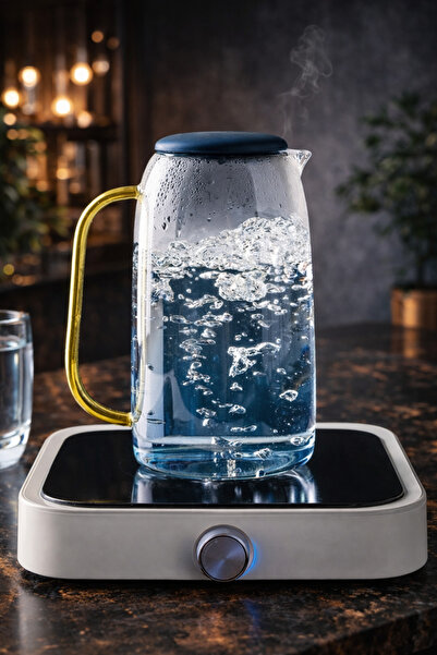 YzHome Borosilikat Cam Silikon Vakum Kapaklı Buz Mavisi Cam Sürahi 1500ML