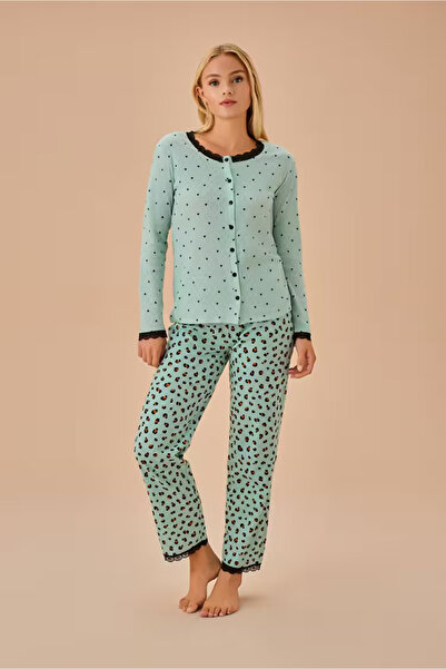 DREAM FASHION Leopard Patterned Leom Shirt Collar Pajama Set