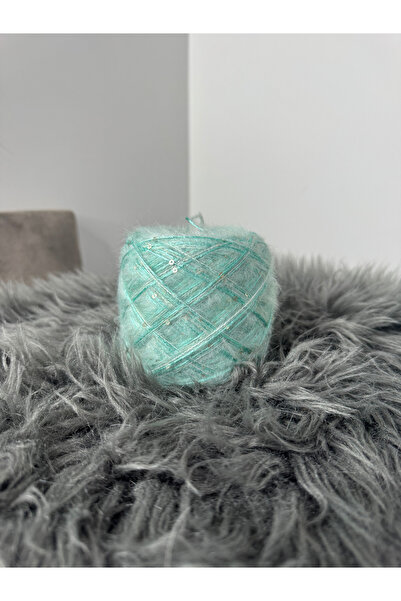 VELİNACOLLECTİON Su Yeşili Moher Karışımlı Üç Katlı Pullu Parlak Örgü İpi 100 gr