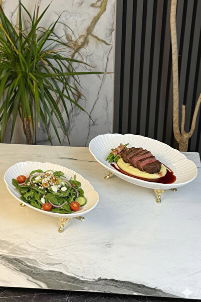 MAY HOME Porselen Kayık Sunum Tabağı & Metal Ayaklı Oval Meze Yemek İkramlık ...