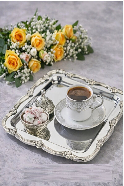 Manor Cam 6 ADET GÜMÜŞ GÜL DEKORLU KARE KROM SUNUM TEPSİSİ (22X22)