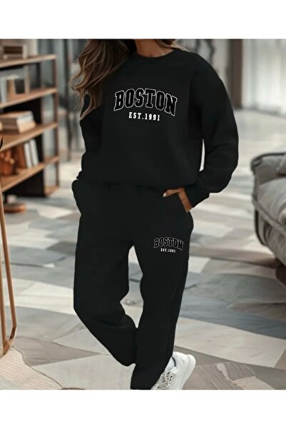 FUFLUNS Boston 1991 Printed Unisex Oversize Crop Top Bottom Tracksuit Set