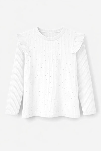 LITTLE&CO Kız Çocuk Taş Detaylı Omuz Volanlı Fitilli 4-12 Yaş Kız Çocuk Bluz