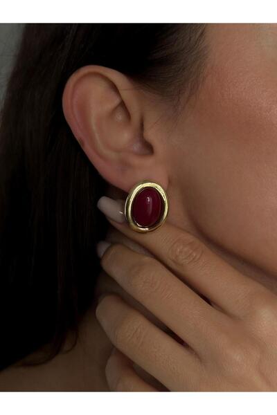 Luseda Gold Bordo Renk Oval Taş Detaylı Vintage Küpe
