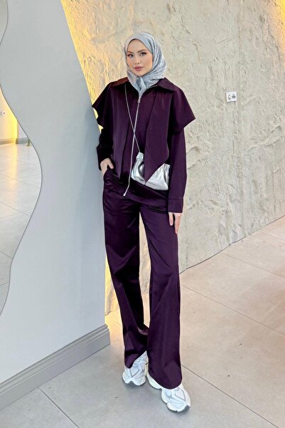 Hazamoda Efl Shawl Detail Satin Set Plum