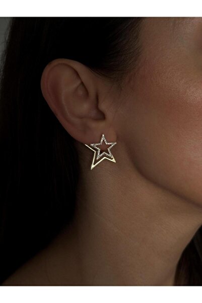 Luseda أقراط من حجر الزركون بتفاصيل نجمة مزدوجة ذهبية اللون