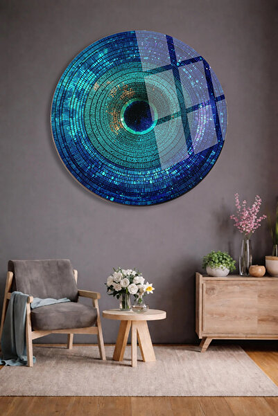 TAULART Blue Geometric Circle Patterned Round Real Unbreakable Glass Table Ul...