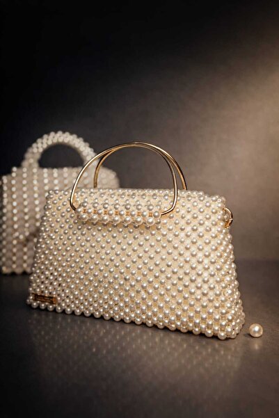 MİRİ SHOOP El Yapımı Boncuklu Zarif Kadın Çantası – gold & krem Detaylı