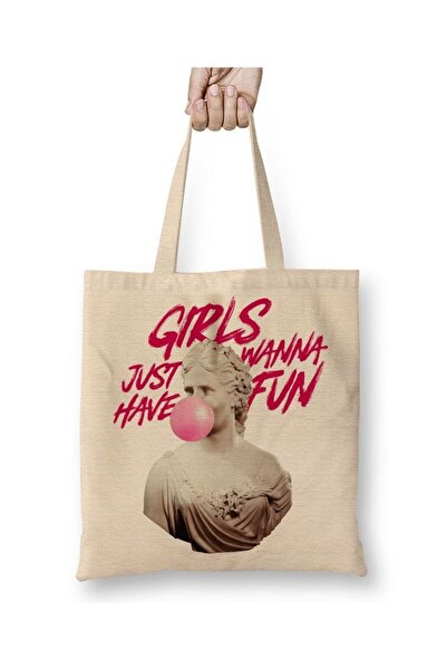 Toyaso Girls Just Wanna Have Fun White Tote Bag Long Handle Shopping Bag Beac...
