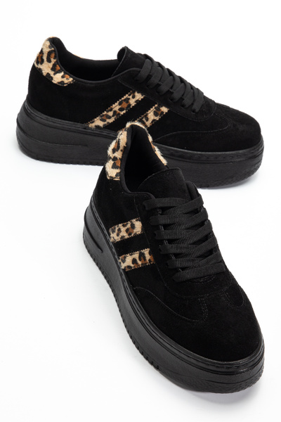 BAHRİNA Women's Black Suede Leopard Thick Soled Sneaker
