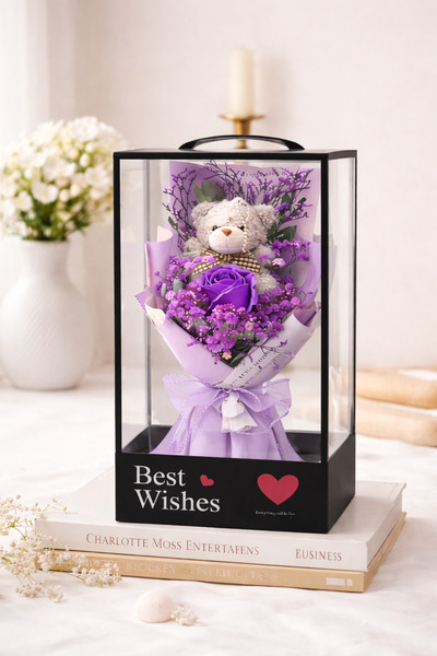 OEM Gift Bouquet with Scented Soap Rose and Teddy Bear 25cm in Box – Elegant ...