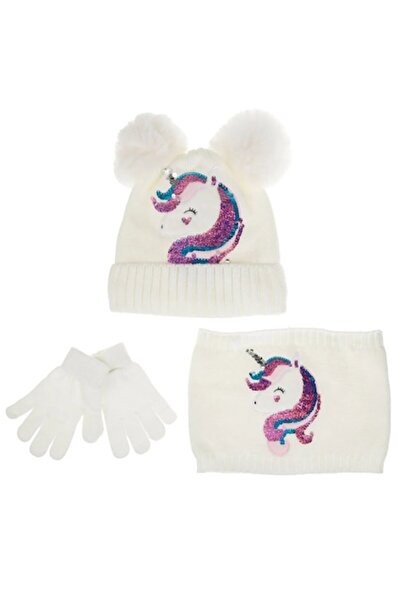OEM Ecru Beanie with Unicorn Pompon, Circular Scarf & Gloves for Kids 6 Years...