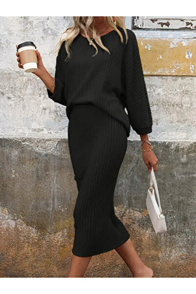 Butik Set de bluză și fustă cu mâneci lungi, cu guler deschis și mâneci tip l...