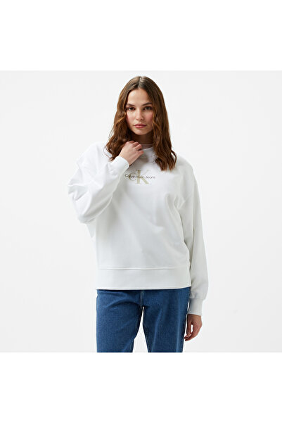Calvin Klein Jeans Textured Monologo Crewneck Kadın Beyaz Sweatshirt