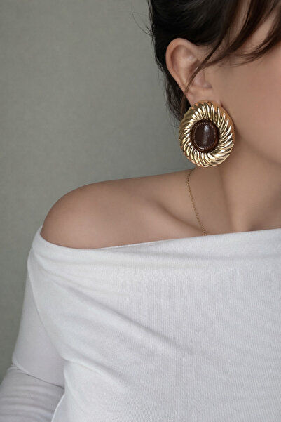 YENGEÇ Gold Brown Stone Earrings