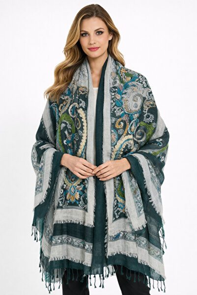 Dervişan İpekçilik Dervişan Silk & Cashmere Haki Yeşili İşlemeli Kaşmir Şal