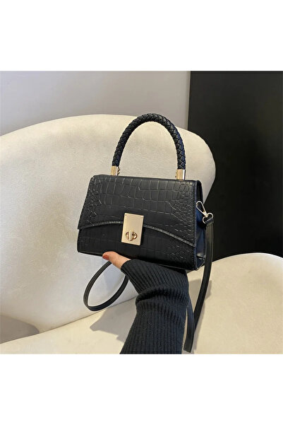 PrasadCo Classic Black Crocodile-Embossed Structured Top-Handle Satchel (21x1...