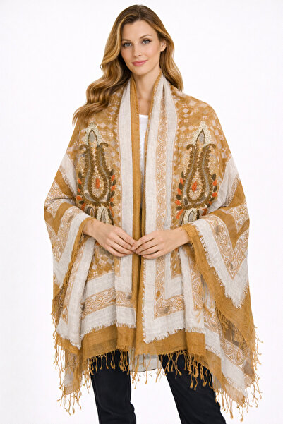 Dervişan İpekçilik Dervişan Silk & Cashmere Hardal İşlemeli Kaşmir Şal