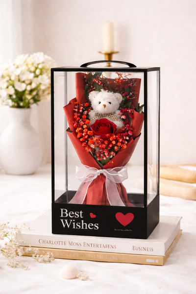 OEM Gift Bouquet with Scented Soap Rose and Teddy Bear 25cm in Box – Elegant ...