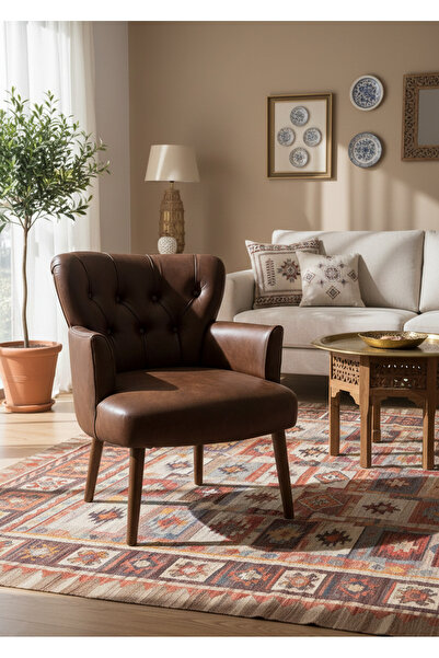 WATERYBROOK Tekli Berjer Koltuk - Kapitoneli Suni Deri - Ceviz Ahşap Ayaklı -...