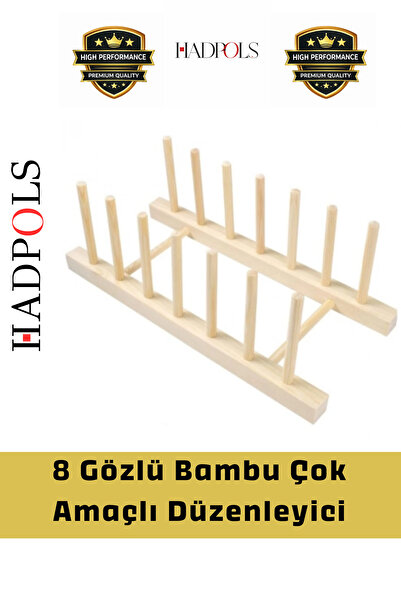 HadPols #BambuStand 8 Bölmeli Plak Tabaklık Kitap Dergi Tencere Kapak Rafı Te...
