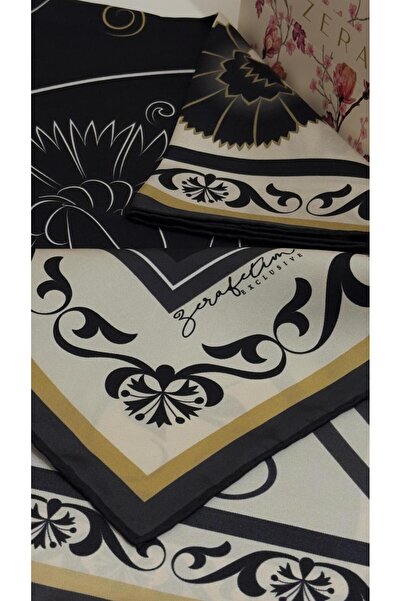 Zerafetim Exclusive Twill İpek Eşarp Siyah, Krem, Gold Barok Desenli