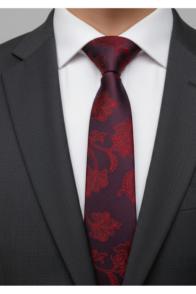 Gutiero Slim 6 Centimeter Tie with Burgundy Patterned Handkerchief