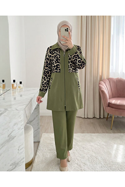 COjans Shirt Collar Zippered Trousers Suit - Khaki