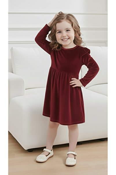 bright moon Girls' Velvet Dress with Ruffle Detail on the Shoulder, Suitable ...