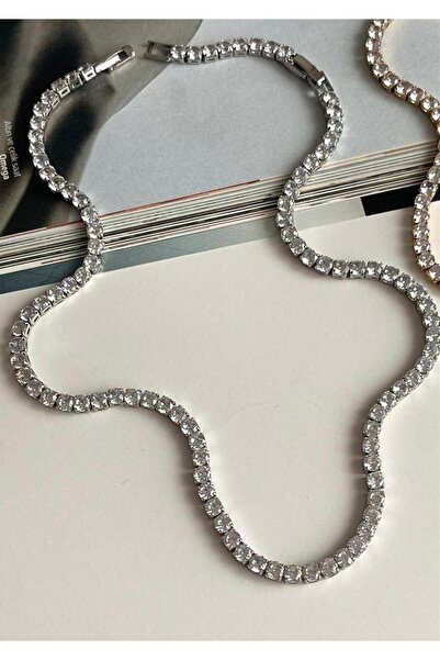 marsel aksesuar Baguette Round Waterway Thin Silver Steel Necklace