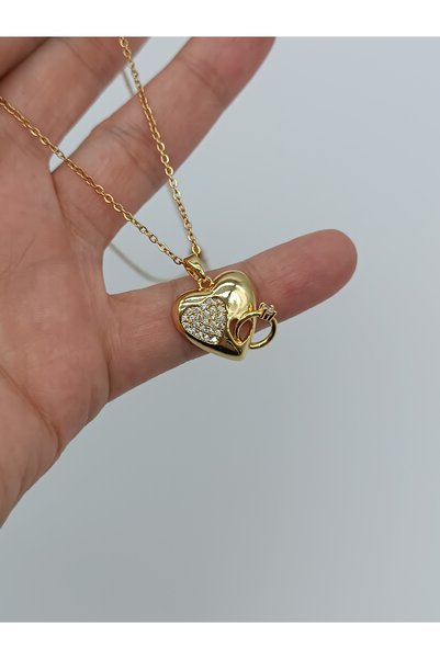 LAgül Aksesuar 316L Çelik Kararmaz Taşlı Kalp ve Tektaş Yüzük Detaylı Gold Kolye
