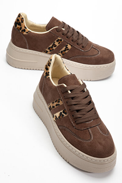 BAHRİNA Women's Brown Suede Leopard Thick Soled Sneaker