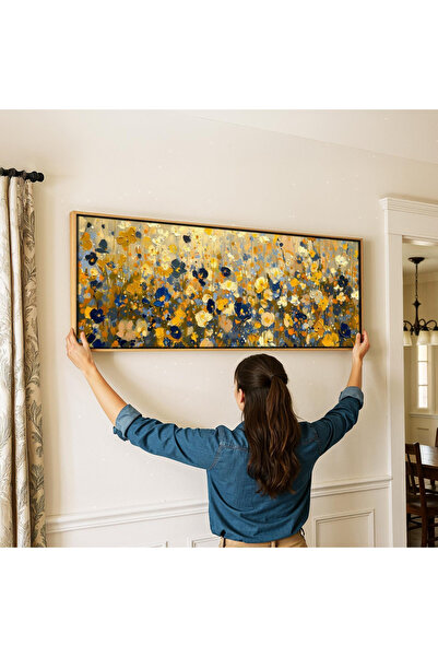 woodhomeworks Tek Parça Gerçek Ahşap Yatay Panorama Çerçeveli Tablo kır çiçek...