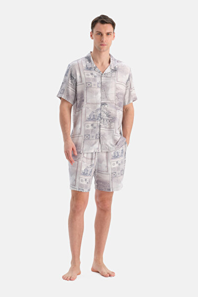 Dagi Blue Patterned Short Sleeve Woven Shirt Shorts Set