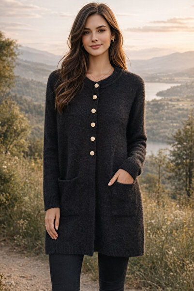 Noreva Mode Kadın Angora Triko Cepli Ceket Uzun Model Düğmeli Yumuşak Dokulu