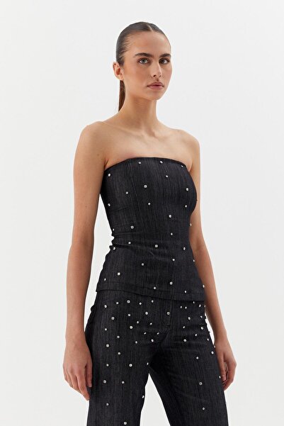 ONNO PRIVE Çakma Taşlı Büstiyer Siyah