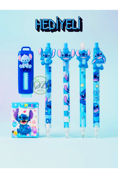 ÖZ OFİS Stitch Figürlü 4'lü 0.7 Uçlu Kalem , Sürgülü Silgi ve Mini Sulu Defte...