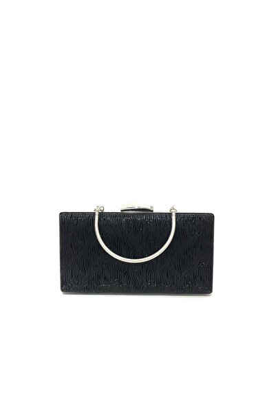 womenacs Black Color Wavy Patterned Material Evening Dress Portfolio Clutch W...