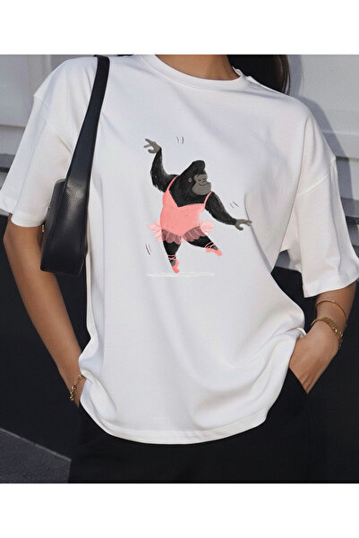 LORVEX تي شيرت باليرين مونكي مطبوع قصة فضفاضة قطن للجنسين - تي شيرت