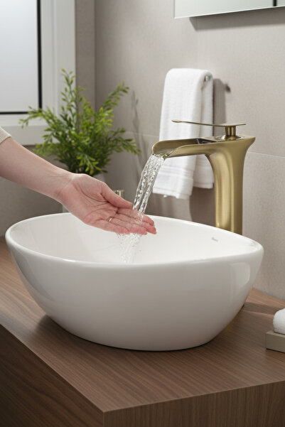 İSAOĞLU YAPI Mat Antique Gold Bowl Faucet Waterfall Flow High Model Bowl Fauc...