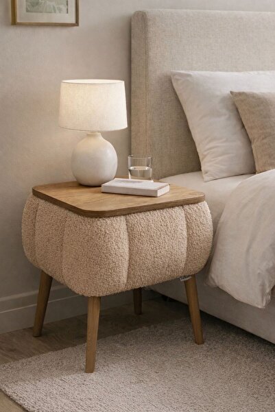 own home Lina Sandıklı Komodin, Teddy Kumaş Kaplamalı Ahşap Ayaklı Modern Kom...