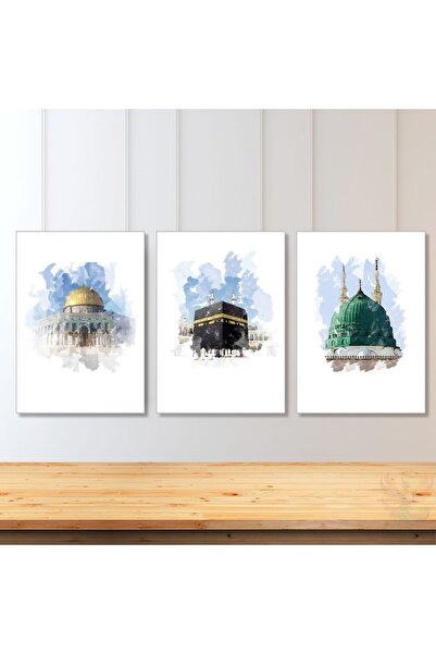 Artarilion Dikey 3'lü Kanvas Tablo Kabe Mescid-i Aksa Mescid-i Nebevi Dini Ma...