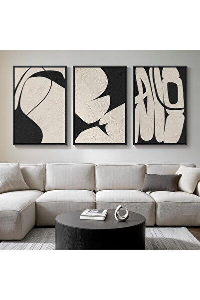ALAYRA International مجموعة من 3 لوحات فنية تجريدية محايدة مؤطرة على قماش (40...