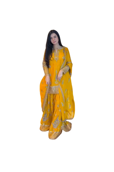 MYSMAR Yellow Chinon Silk Kurti Sharara Dupatta - HRT4614 | Yellow